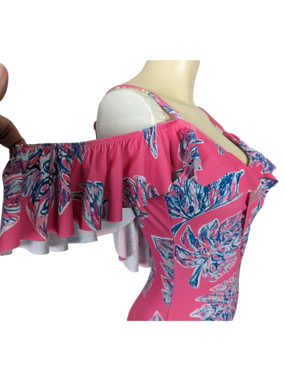 Nicole Miller One piece Leaves print pink blue cold shoulder ruffled Swimsuit S - Picture 6 of 13